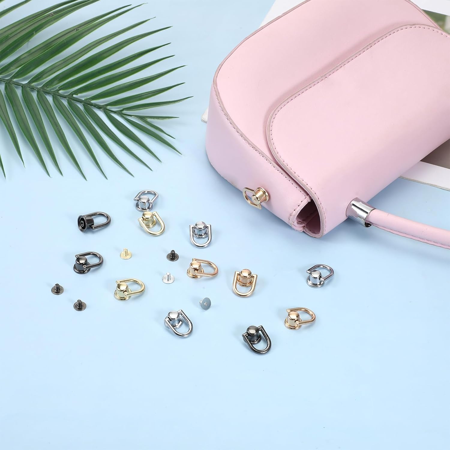 40 Pcs D Rings for Purse, Small Stud Screw Rivets for Leather Crafting, Versatile Purse Rotatable D Ring Stud, Wallet Crossbody Conversion Kit Black+Silver+Gold+Light Gold