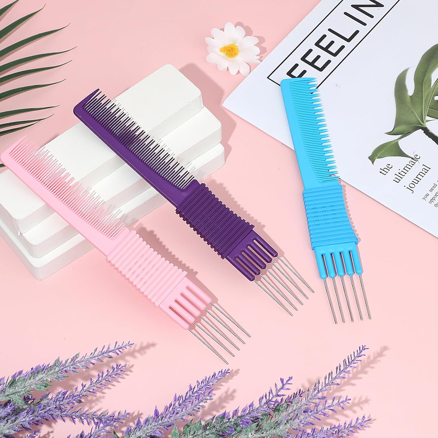 3 Pack Lift Teasing Combs with Metal Prong Salon Teasing Back Combs Hair Styling Comb Lifting Fluffing Comb with Metal Pick Hair Picks for Women