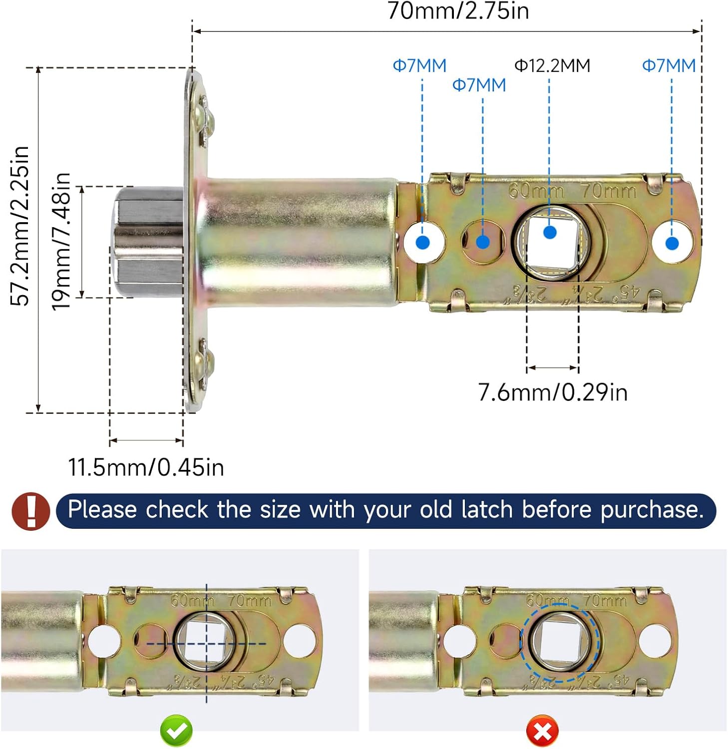 Adjustable Deadlatch 2-3/8'' 60mm or 2-3/4'' 70mm , Adjustable Door Latch Entry Door Lock 45° Turning Angle Replacement Part Latch and Strike with Dust Box, Universal Smart Doors Lock Deadlatch