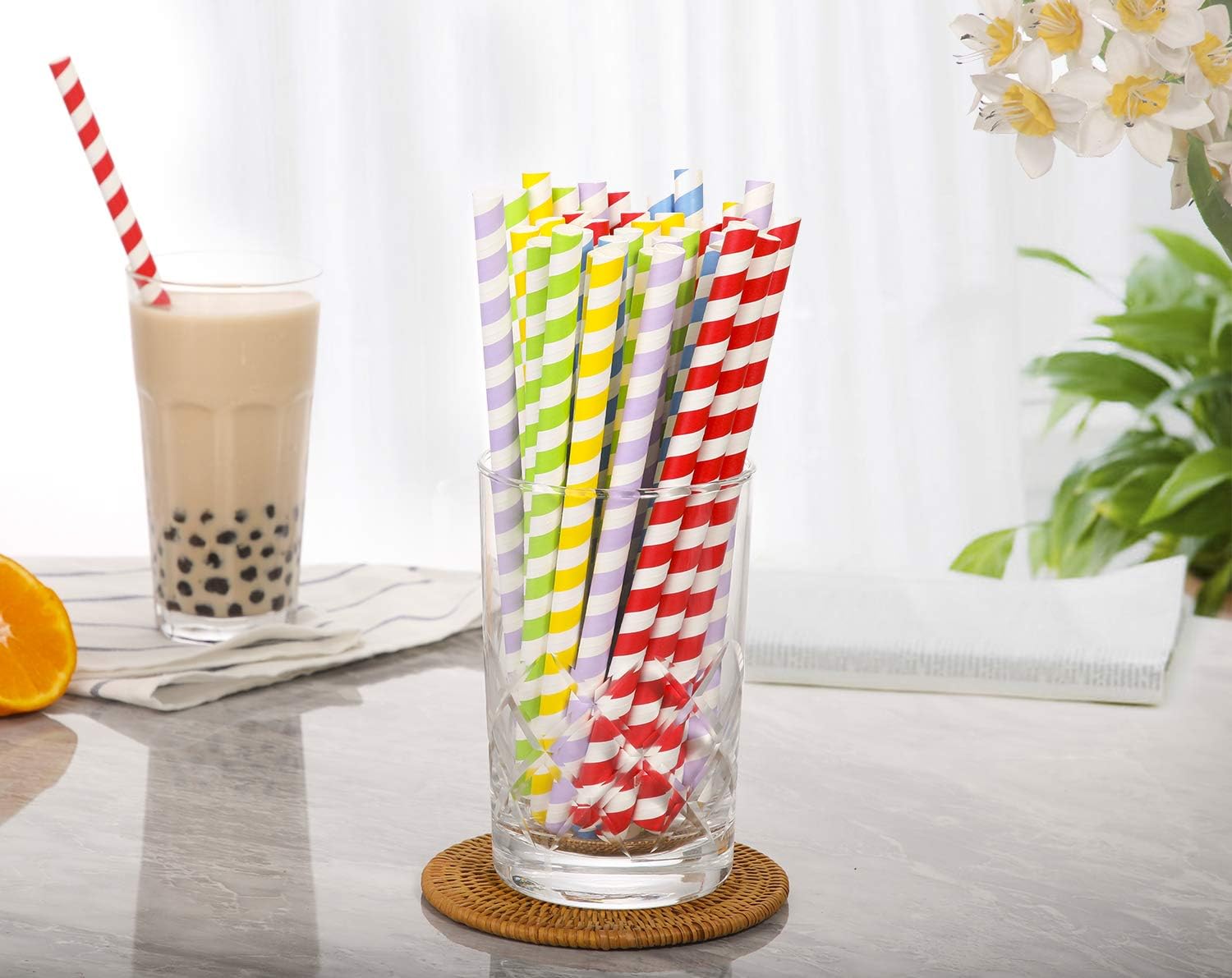 100 Pack, Extra Wide Paper Smoothie, Boba Straws - 10 mm Wide Biodegradable Straws for Bubble Tea Tapioca, Boba Pearls , Milkshakes, Jumbo Drinks - Shower, Wedding Party Supplies Decorations
