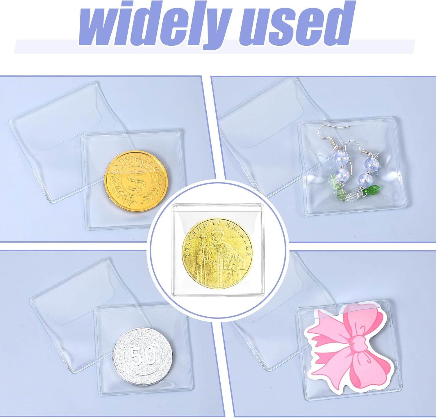 50 Pack Plastic Coin Sleeves, 2.1 x 2.1 Inch Clear Plastic Coin Protectors Small Pouches for Coins Holder Storage Individual Coins Holders for Currency Bills Collectors