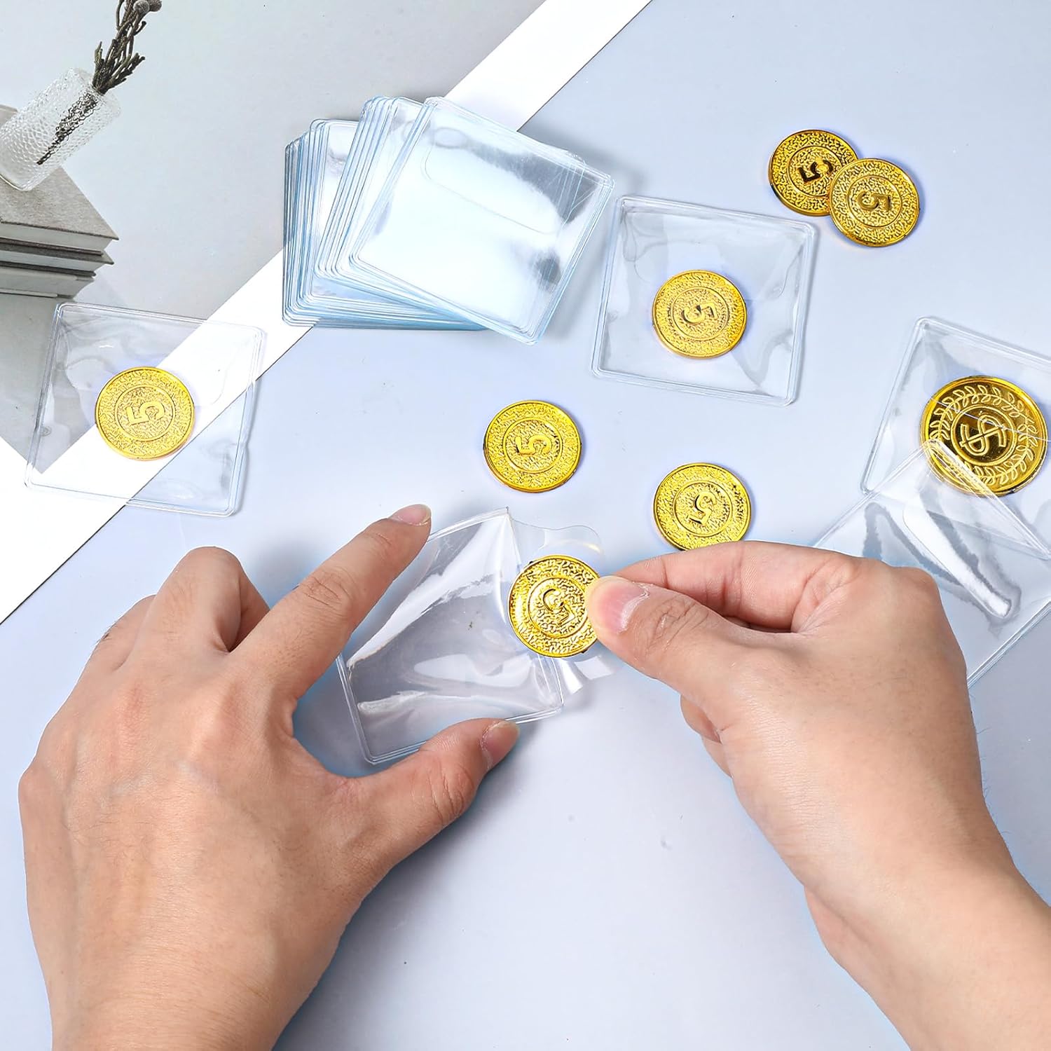 50 Pack Plastic Coin Sleeves, 2.1 x 2.1 Inch Clear Plastic Coin Protectors Small Pouches for Coins Holder Storage Individual Coins Holders for Currency Bills Collectors