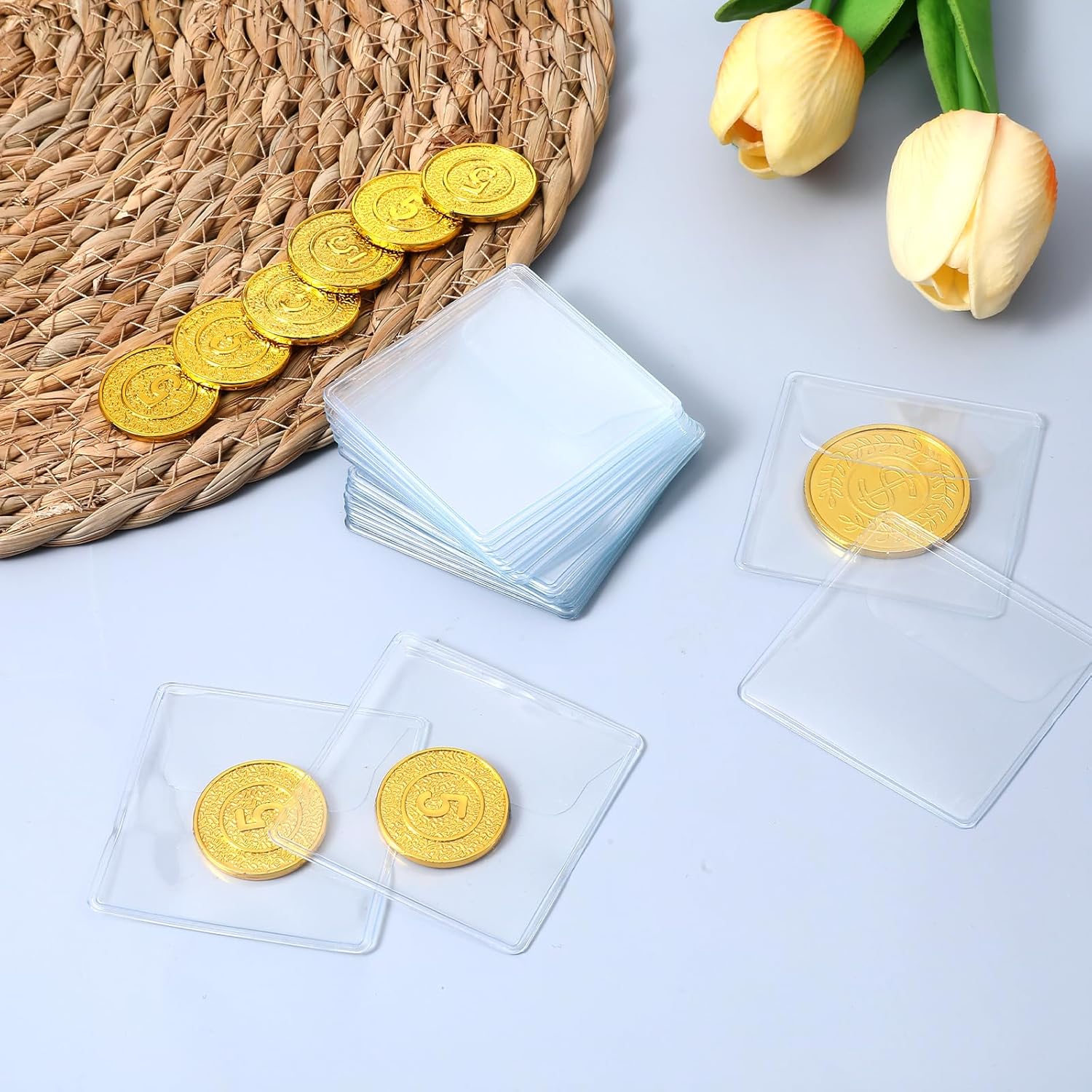 50 Pack Plastic Coin Sleeves, 2.1 x 2.1 Inch Clear Plastic Coin Protectors Small Pouches for Coins Holder Storage Individual Coins Holders for Currency Bills Collectors
