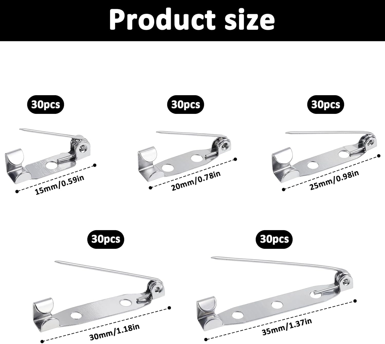 150 Pcs Brooch Pin Backs Kit, 5 Sizes Silver Safety Bar Pins for Crafts Metal Flat Back Locking Clasp Clasp Backings for DIY Jewelry Making Badge Name Tag and Craft DIY Accessories