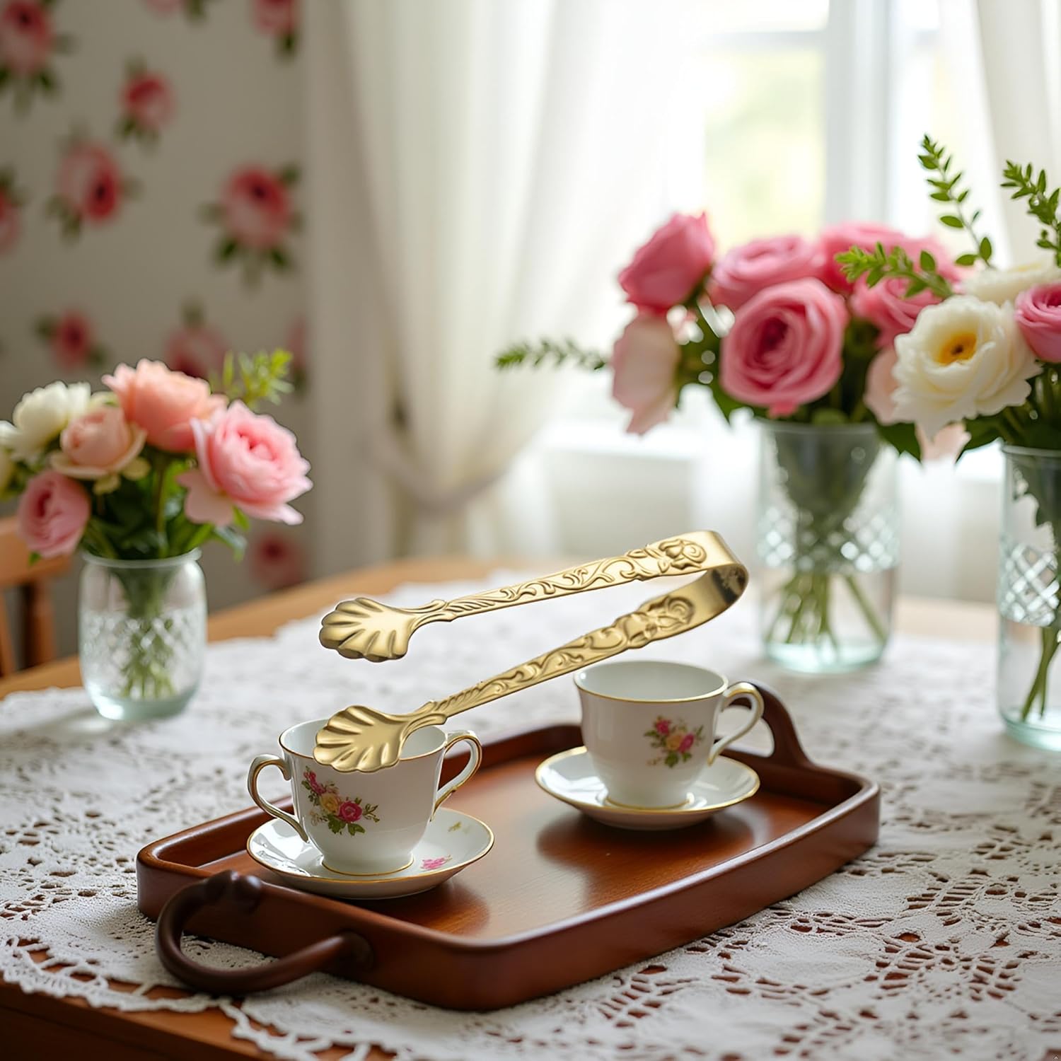 Gold Mini Serving Tongs, Vintage Rose Relief Handle Ice Cube Clips Sugar Tongs, Stainless Steel Sugar Cube Tongs, for Tea Coffee Appetizers Desserts Sugar Tongs