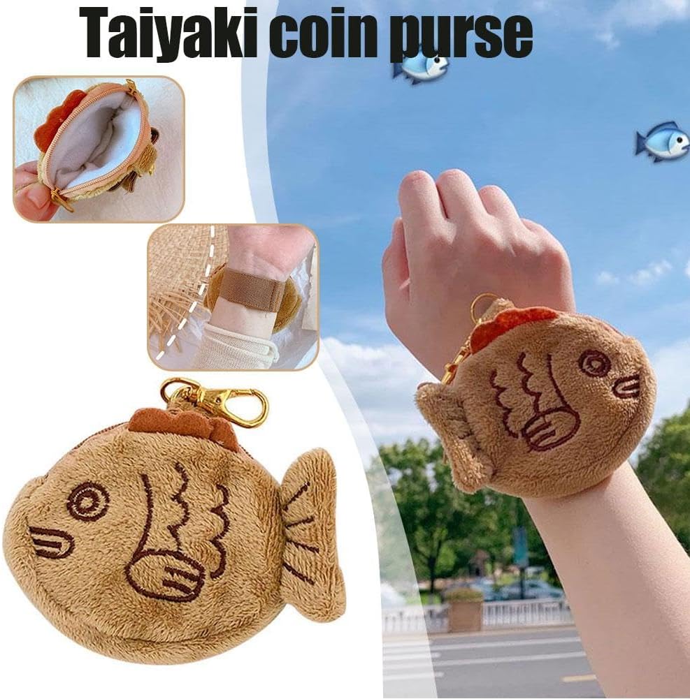 1Pc Brown Cute Plush Coin Purse Keychain, Mini Wrist Purse Bag, Japanese Creative Adjustable Soft Taiyaki Coin Pendant With Zipper Plush Pouch for Girl Women's Coin Purses and Pouches, Fish