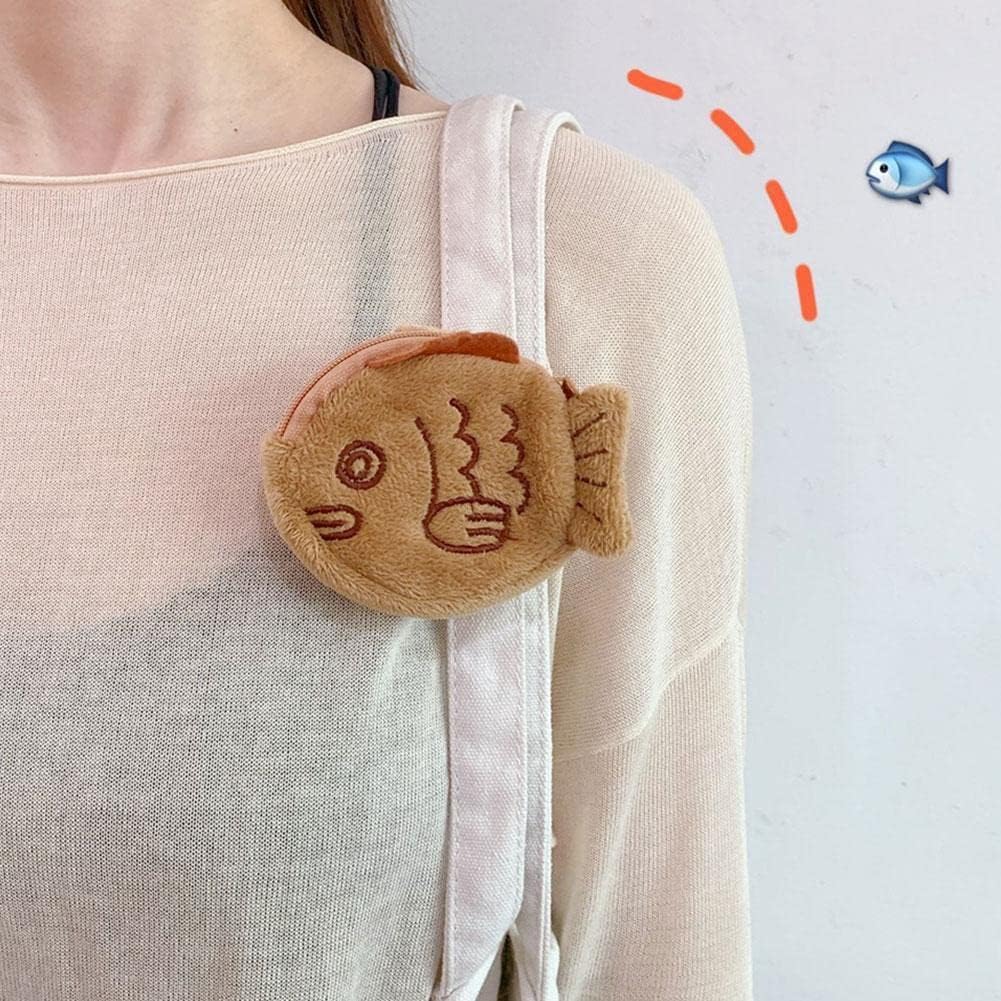1Pc Brown Cute Plush Coin Purse Keychain, Mini Wrist Purse Bag, Japanese Creative Adjustable Soft Taiyaki Coin Pendant With Zipper Plush Pouch for Girl Women's Coin Purses and Pouches, Fish