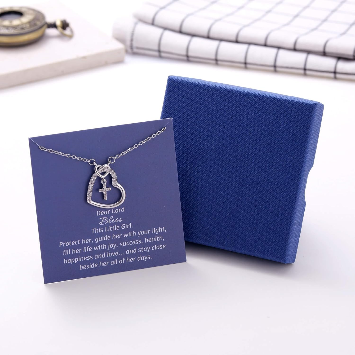 Kvekstio Christian Gift Heart Cross Necklace with Prayer Blessing Card for Teens Women, First Communion Confirmation Gift