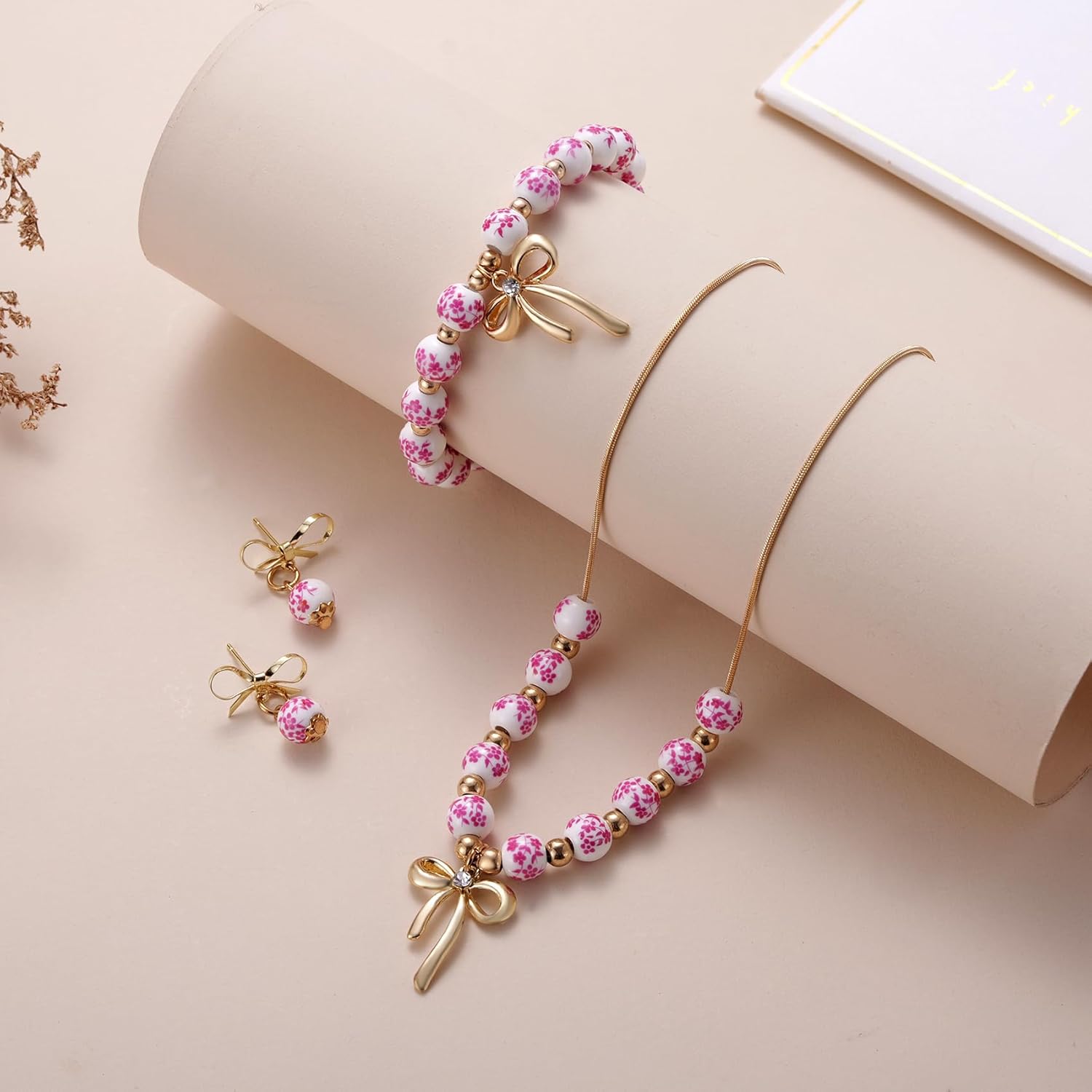 Kvekstio Vintage Porcelain Jewelry Set for Women, Blue Pink Floral Ceramic Beaded Bracelet & Necklace for Birthday Wedding