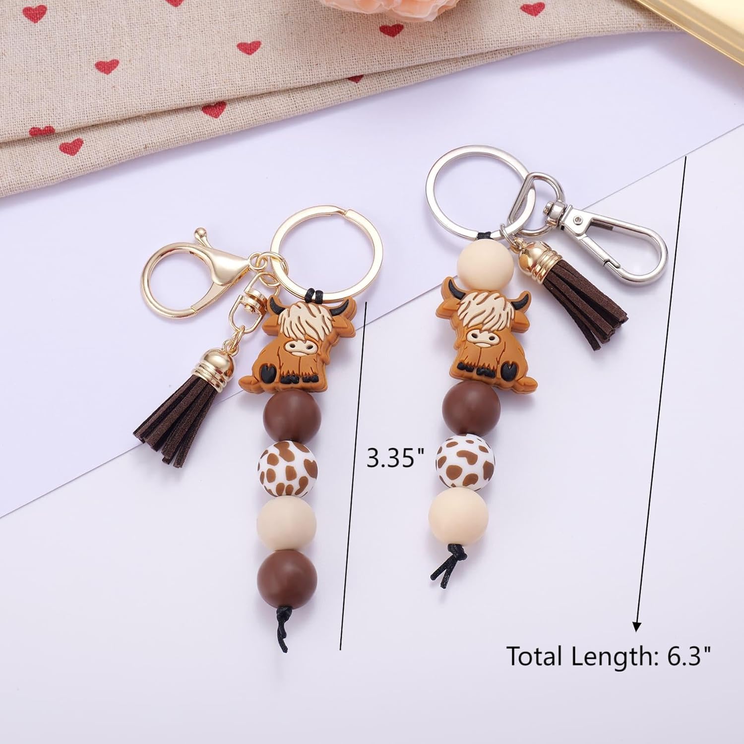 Kvekstio Cute Highland Cow Keychain, 2 Pack Farm Animal Cow Print Silicone Bead Key Ring with Tassel Gift for Women Men, Farmhouse Country Style Purse Bag Accessories for Cows Lovers Party Favors