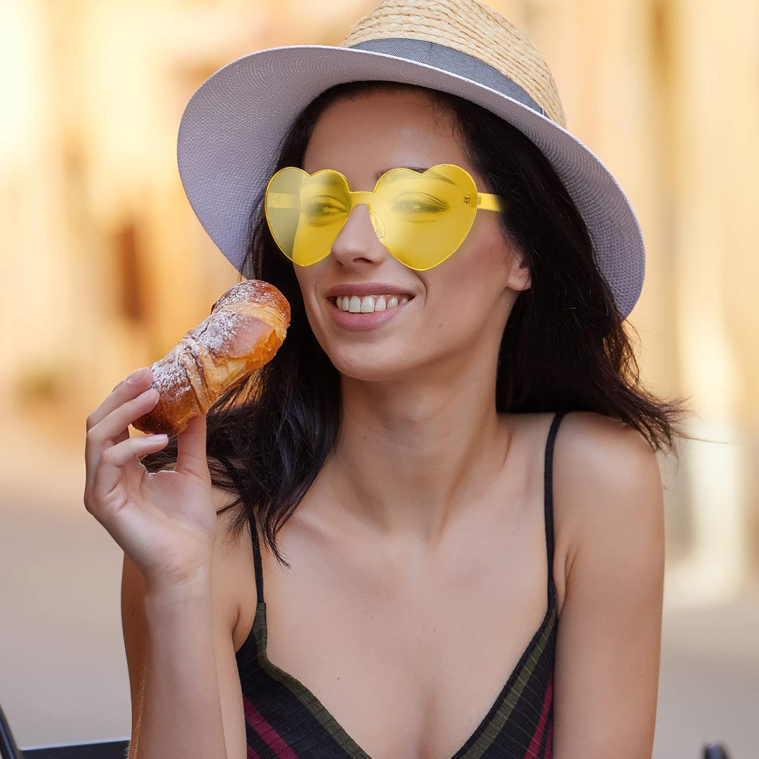 Maxdot 2 Pieces Heart Shape Rimless Sunglasses Transparent Candy Color Frameless Glasses Love Eyewear