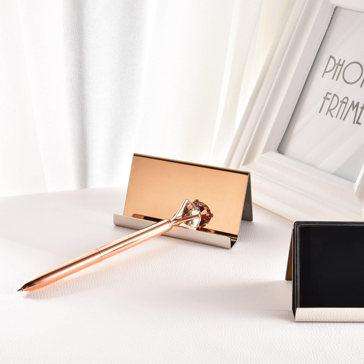 Maxdot Rose Gold Business Card Holders Stainless Steel Name Cards Display Stand Desktop Rack Organizer for Office Home Desk Accessories