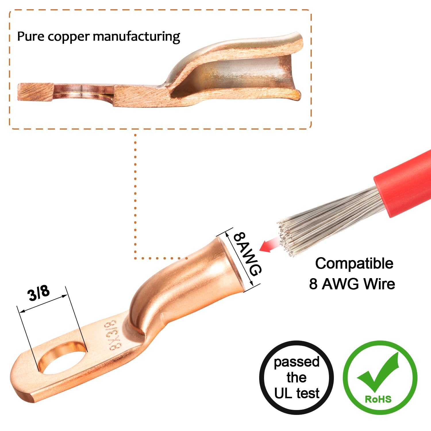 Maxdot 10 Pack UL Test Wire Lugs 8 Gauge Stud Ring Terminals Heavy Duty Copper Crimp Lugs Welding Cable Bare Copper Eyelet Lug with Heat Shrink Black, Red 8 AWG 3/8 Ring