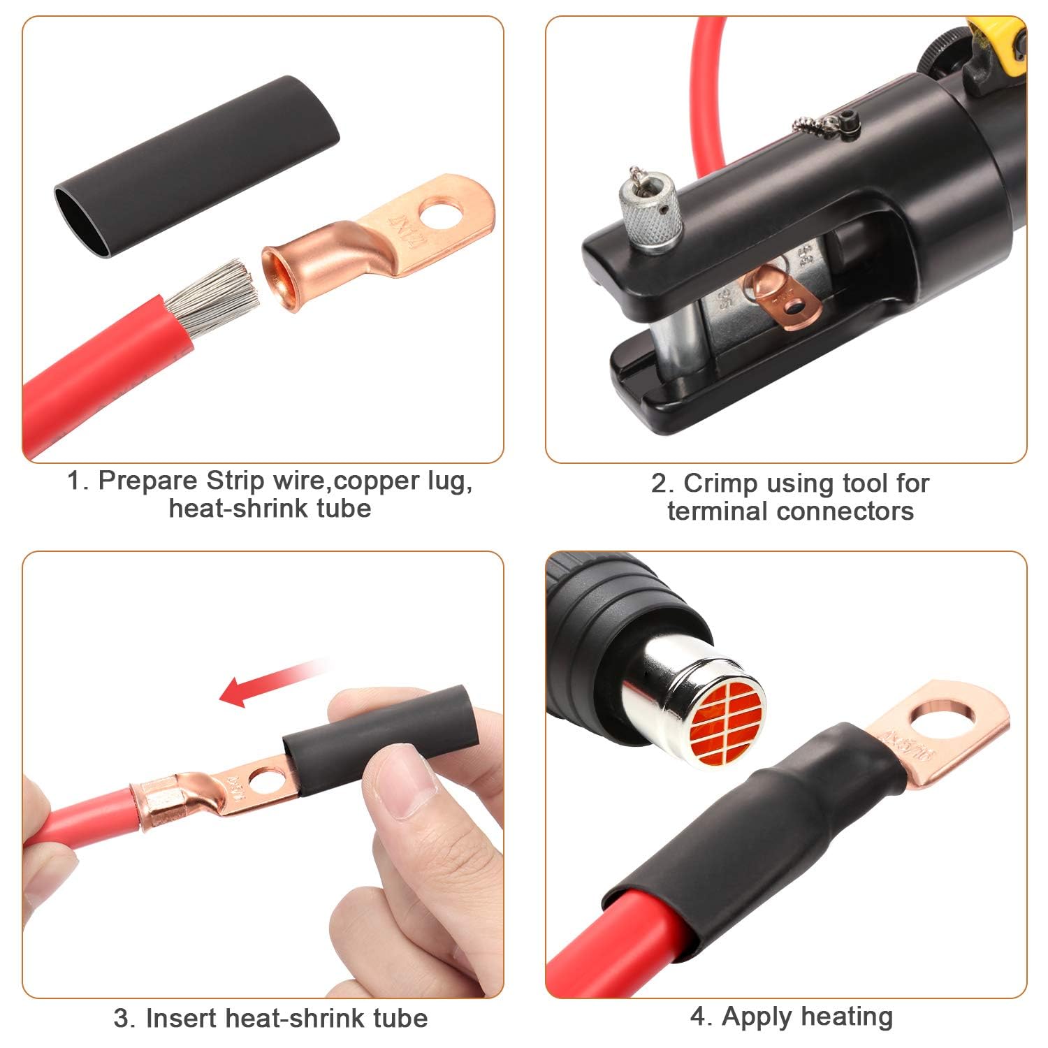 Maxdot 10 Pack UL Test Wire Lugs 8 Gauge Stud Ring Terminals Heavy Duty Copper Crimp Lugs Welding Cable Bare Copper Eyelet Lug with Heat Shrink Black, Red 8 AWG 3/8 Ring