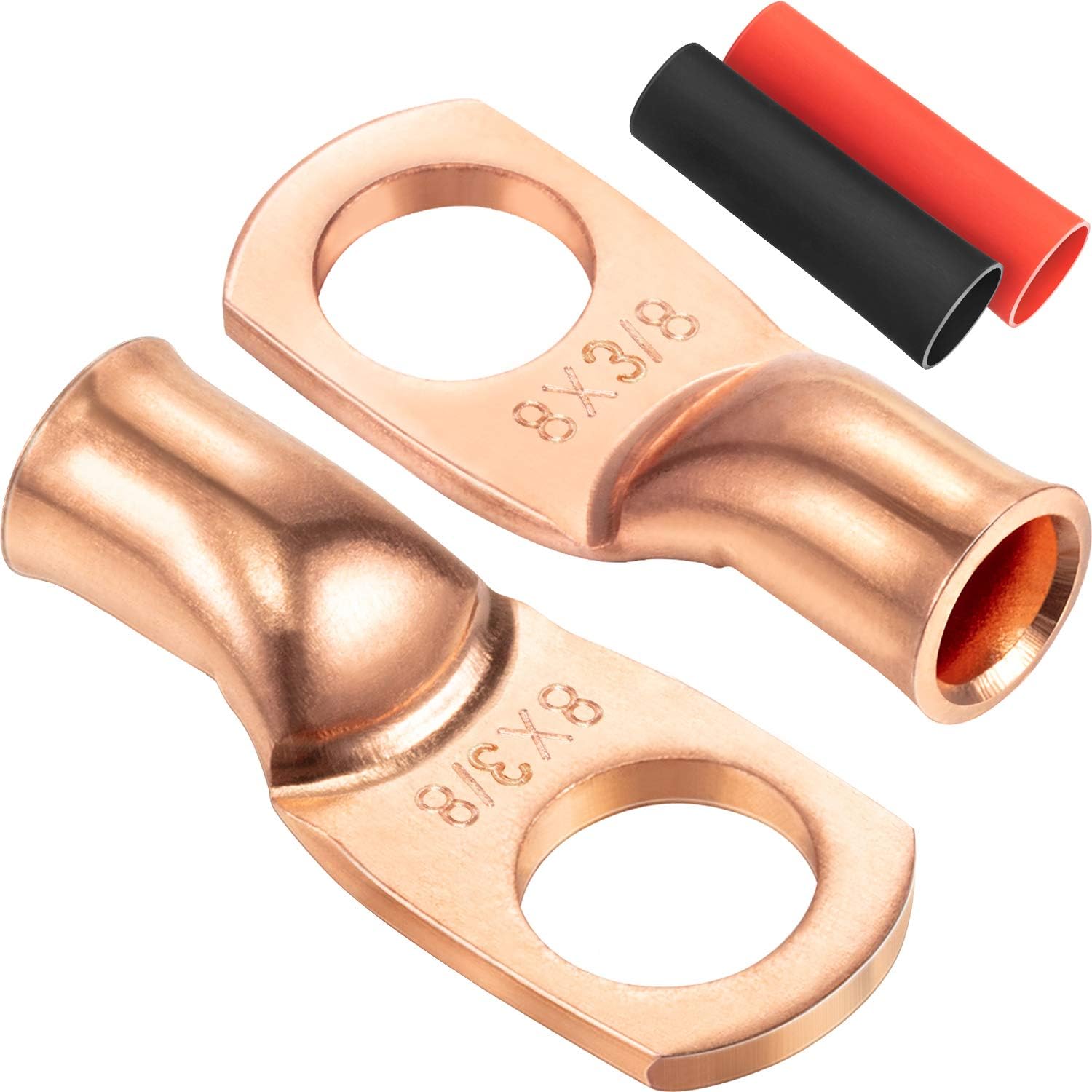 Maxdot 10 Pack UL Test Wire Lugs 8 Gauge Stud Ring Terminals Heavy Duty Copper Crimp Lugs Welding Cable Bare Copper Eyelet Lug with Heat Shrink Black, Red 8 AWG 3/8 Ring