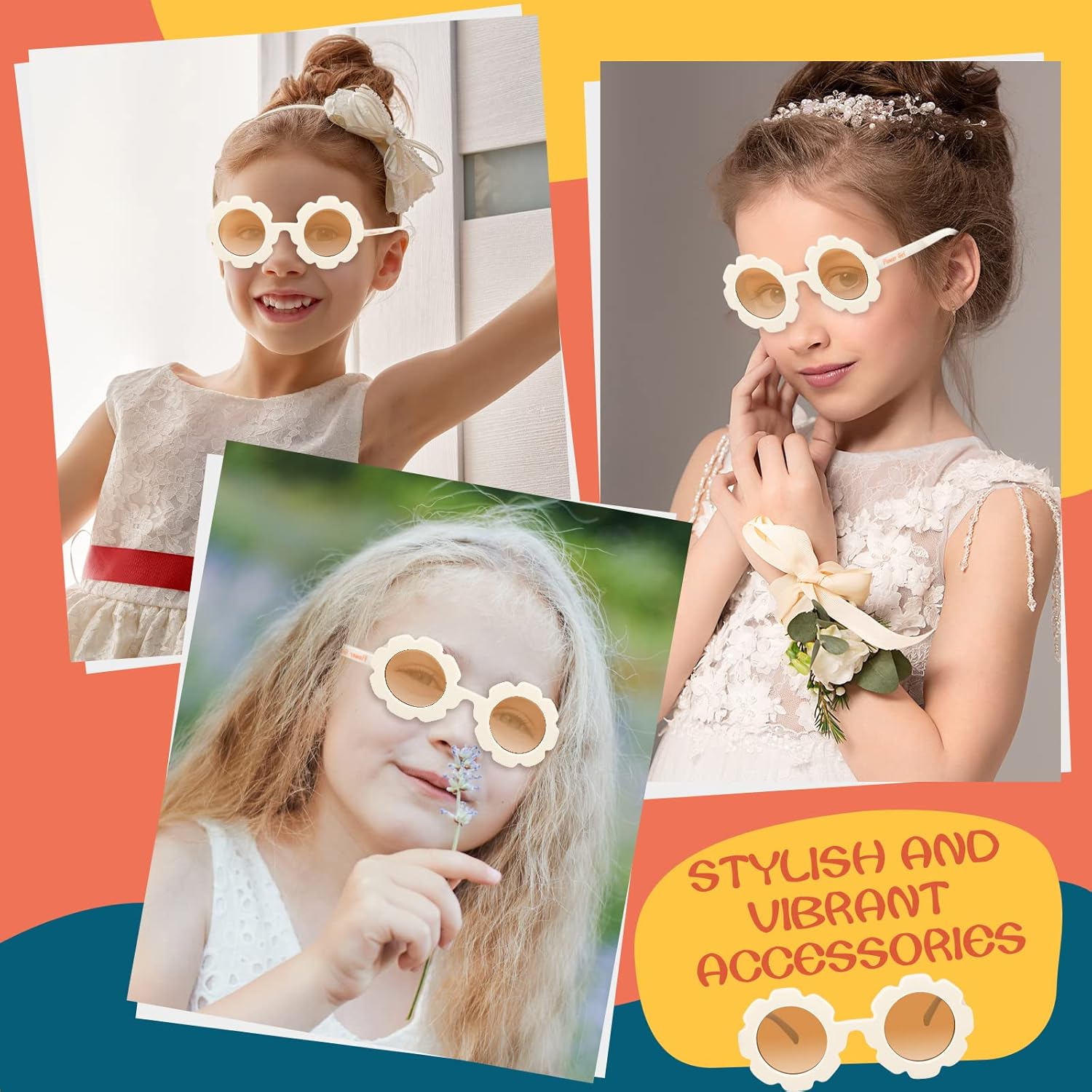 Landhoow 2 Pcs Flower Girl Sunglasses Kids Round Sunglasses Flower Girl Proposal Gift Cute Glasses for Outdoor Beach Party