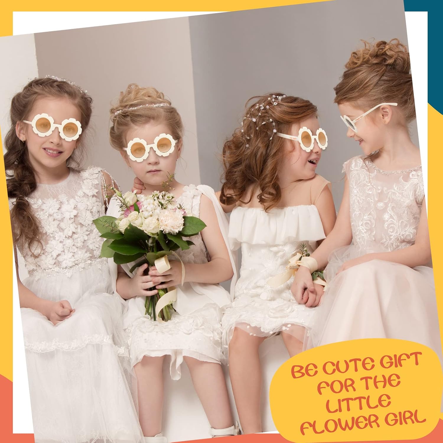 Landhoow 2 Pcs Flower Girl Sunglasses Kids Round Sunglasses Flower Girl Proposal Gift Cute Glasses for Outdoor Beach Party