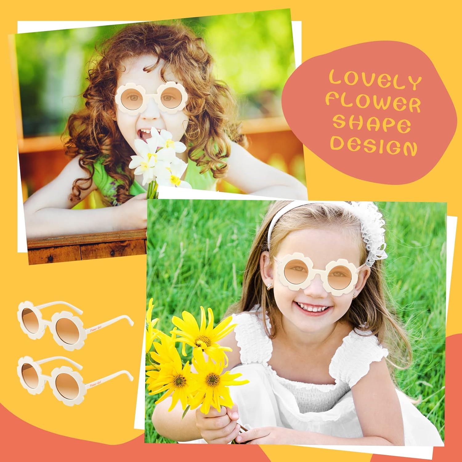 Landhoow 2 Pcs Flower Girl Sunglasses Kids Round Sunglasses Flower Girl Proposal Gift Cute Glasses for Outdoor Beach Party