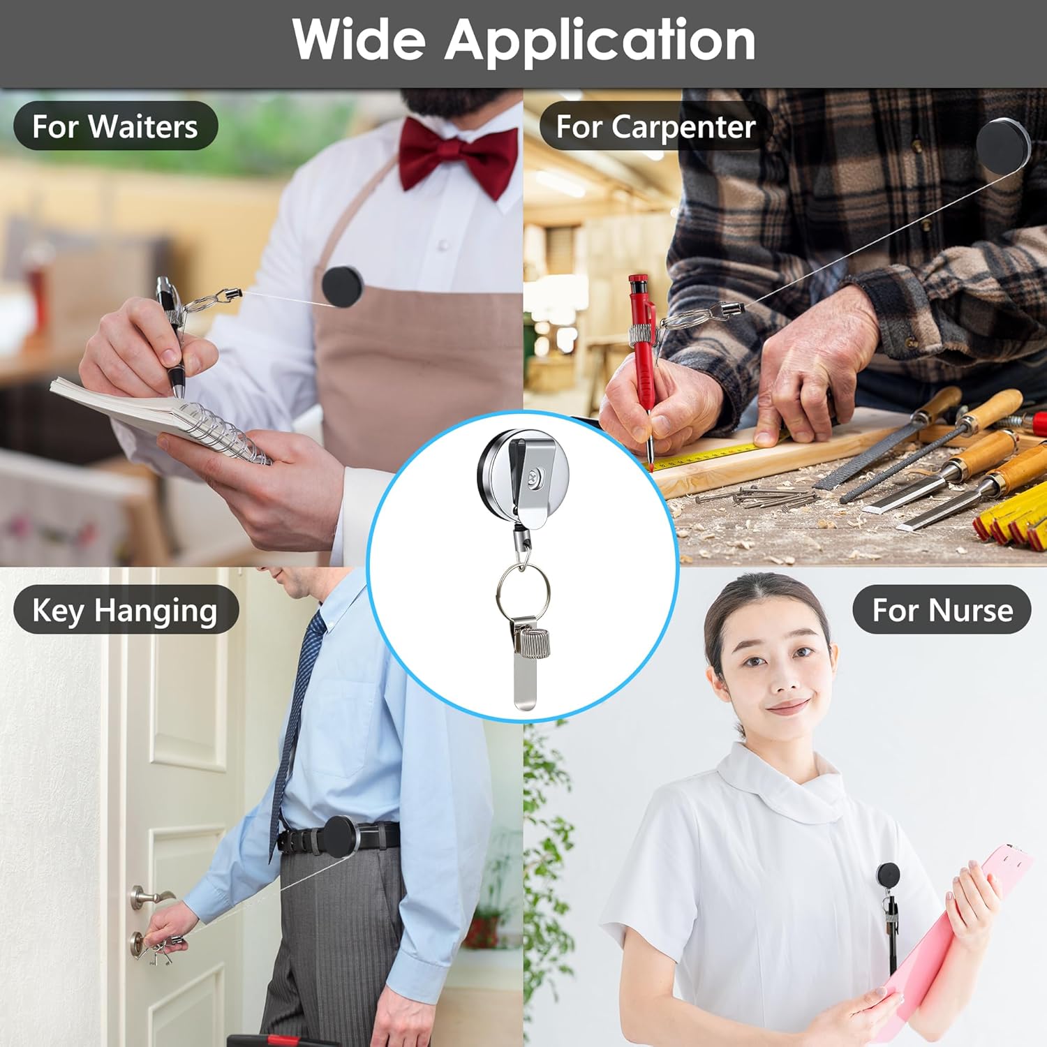 Landhoow 2 Pcs Retractable Pull Pen Pencil Holder, 27.5'' Retractable Pen Holder for Carpenters, Workers, Nurses, Bricklayer, Waiter, Universal Pencil Lanyard with Belt Clip and Key Ring