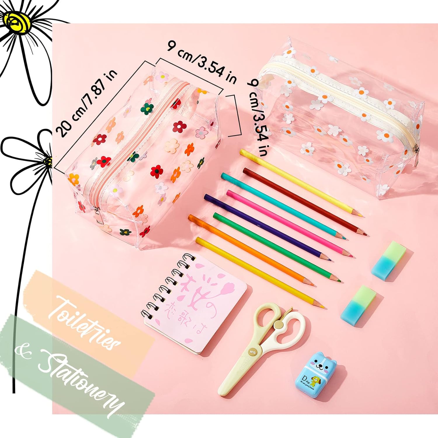 Amylove 2 Pack Cute Flower Makeup Bags Daisy Zipper Pouches Floral Pencil Pouch Portable Toiletry Pouches for Women Travel Vacation Bathroom School Organizing Daisy