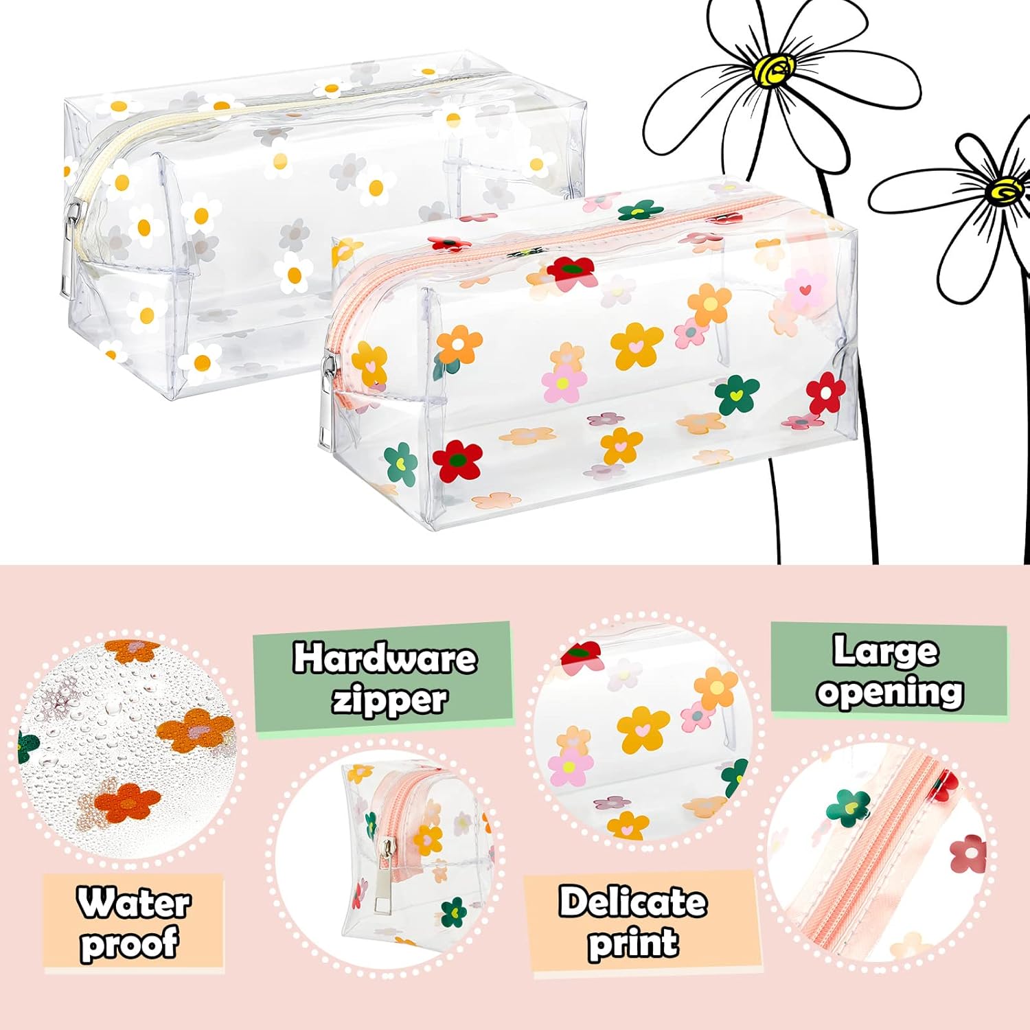 Amylove 2 Pack Cute Flower Makeup Bags Daisy Zipper Pouches Floral Pencil Pouch Portable Toiletry Pouches for Women Travel Vacation Bathroom School Organizing Daisy