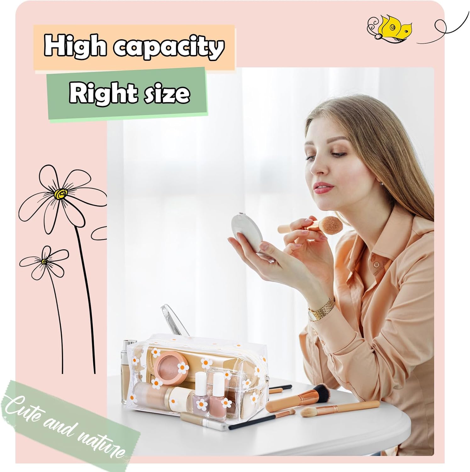 Amylove 2 Pack Cute Flower Makeup Bags Daisy Zipper Pouches Floral Pencil Pouch Portable Toiletry Pouches for Women Travel Vacation Bathroom School Organizing Daisy