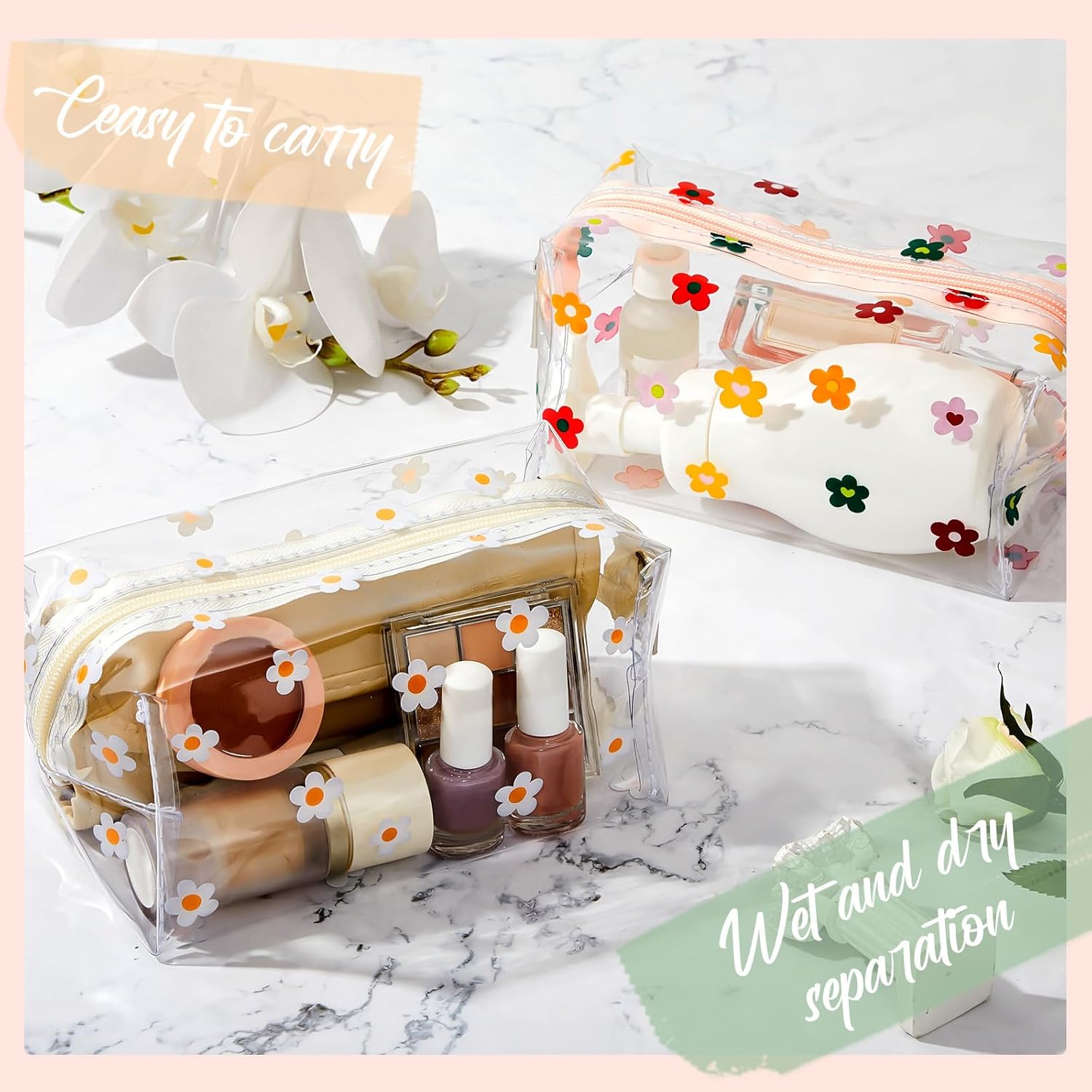 Amylove 2 Pack Cute Flower Makeup Bags Daisy Zipper Pouches Floral Pencil Pouch Portable Toiletry Pouches for Women Travel Vacation Bathroom School Organizing Daisy