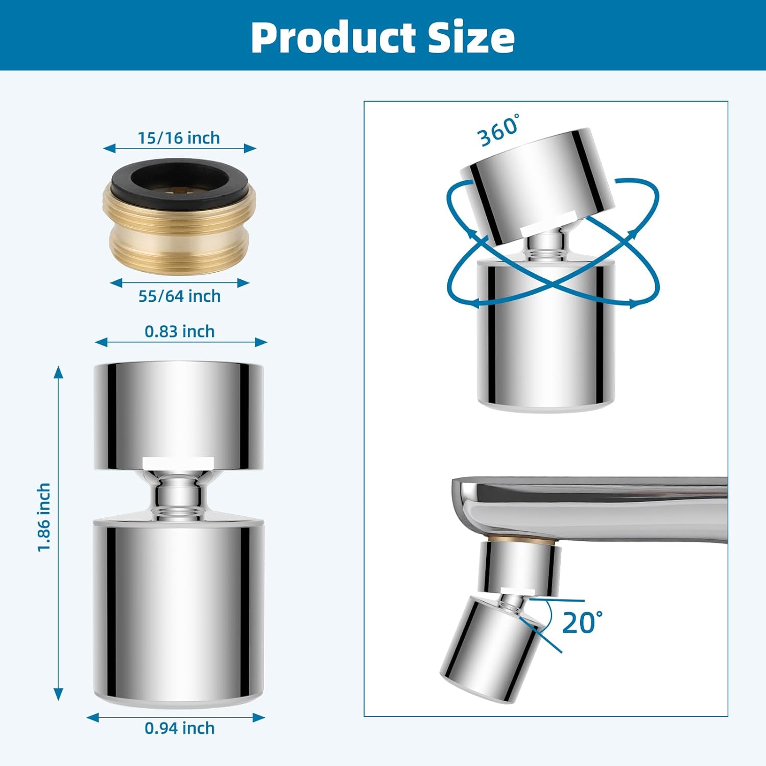 NSF/ANSI/CAN 61 Certified Faucet Aerator, CUPC Certification 360° Twist Kitchen Sink Aerator, Dual-function Sink Sprayer Attachment, Faucet Replacement Part 55/64'' Female Thread, Chrome