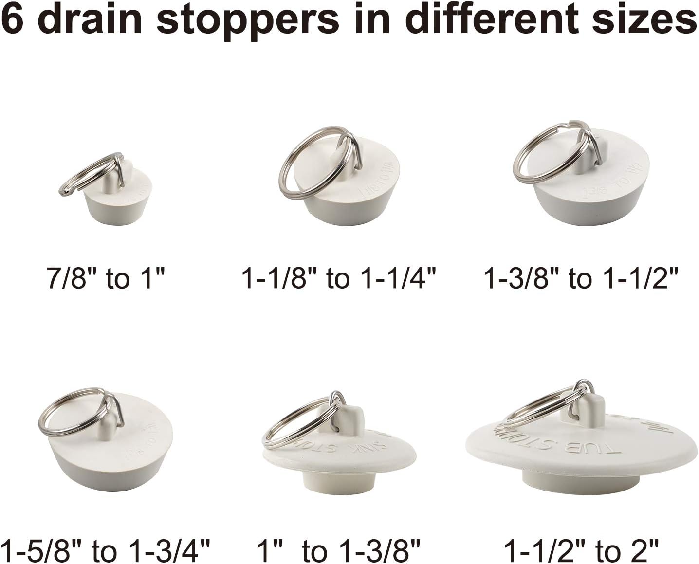 6 Pieces Drain Stopper, Rubber Kitchen Sink Drain, Sink Stopper Drain Plug with Pull Ring for Kitchen, Bathtub, Bathroom and Laundry Sink in 6 Different Sizes, White