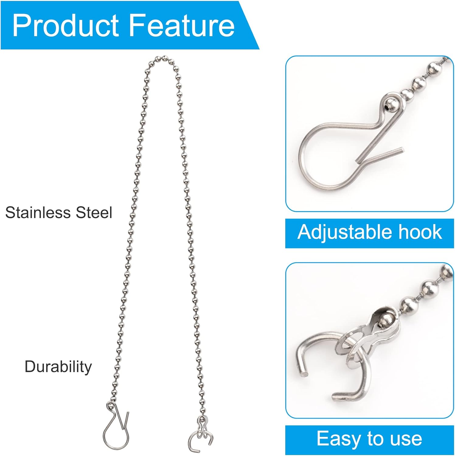 3 Pack Universal Toilet Flapper Chain Replacement Kit,Stainless steel,Including 12-Inch Chain,Hook,Ring