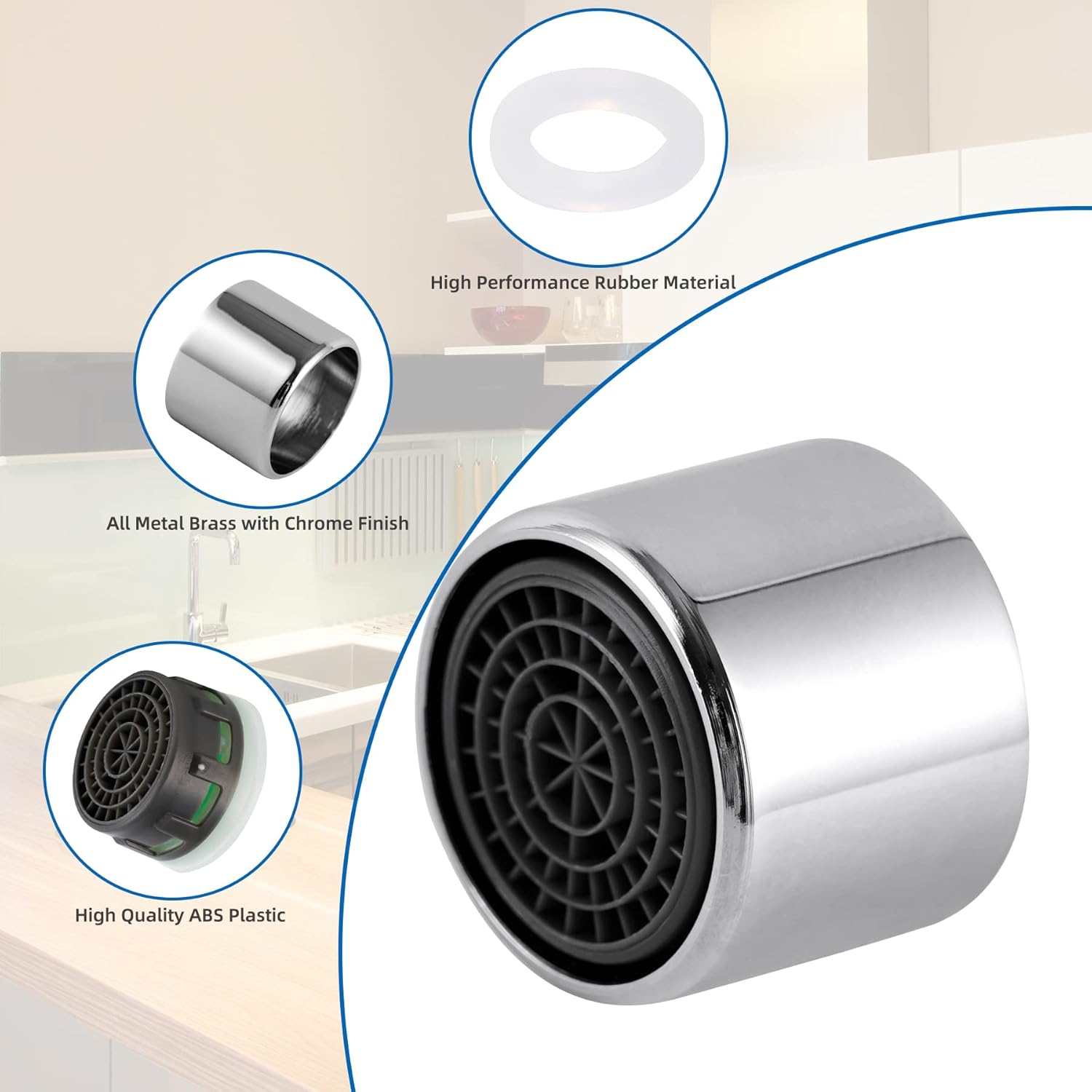 4 Pack Faucet Aerator, Kitchen Sink Aerator Shell with Built-in Filter, 55/64 Female Thread Bathroom Faucet Filter, Splash-Proof, Chrome Finish