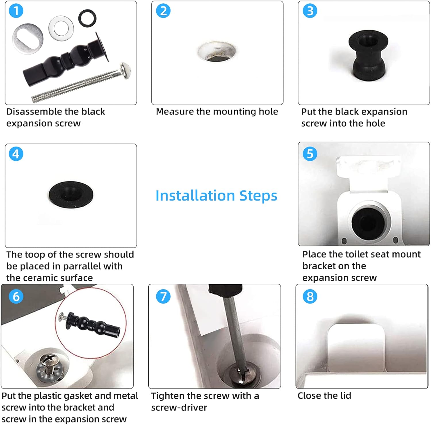 6 Pack Universal Toilet Seat Hinges Screw - Blind Hole Fixings Expanding Rubber Top Fix Nuts for Top Mounting - 3 Pairs With Two Expandable Ball