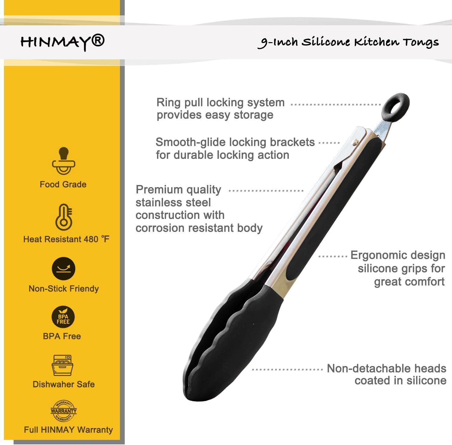 Serving Tongs 9-Inch Cooking Tongs with Silicone Tips, Set of 3 Black