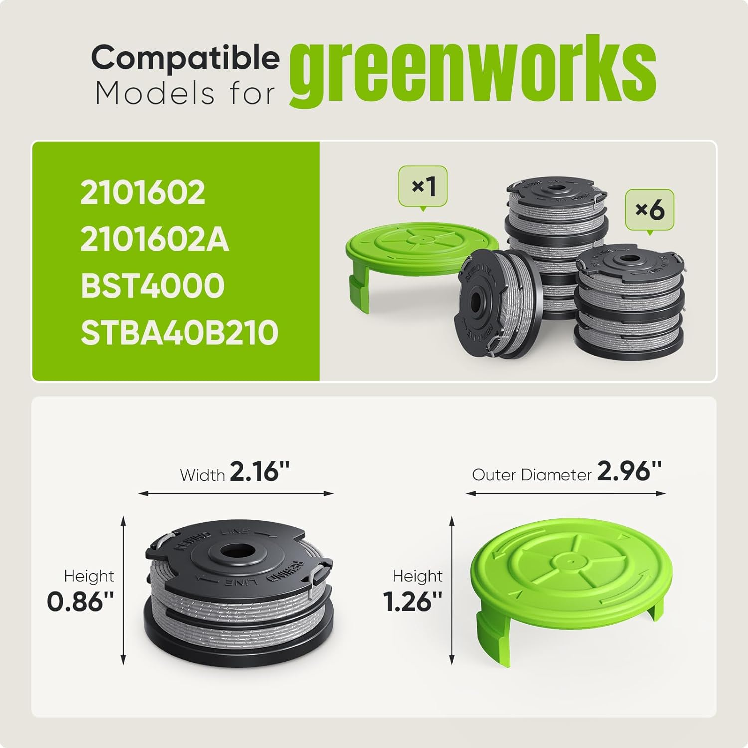 7 Pack Weed Wacker String for Greenworks Weed Eater, 0.065" 18ft Dual String Trimmer Replacement String Spool 2900719 with Spool Cap Cover 6 Spools+1 Cap