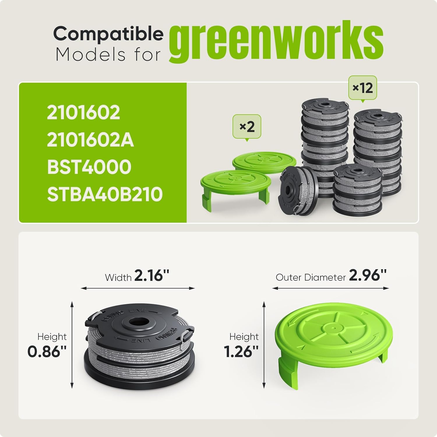 14 Pack Replacement Spool for Greenworks Weed Eater, 0.065" 18ft Dual Line String Trimmer Line Spool 2900719 Compatible with Greenworks Cordless Trimmer 12 Line Spools+2 Cap
