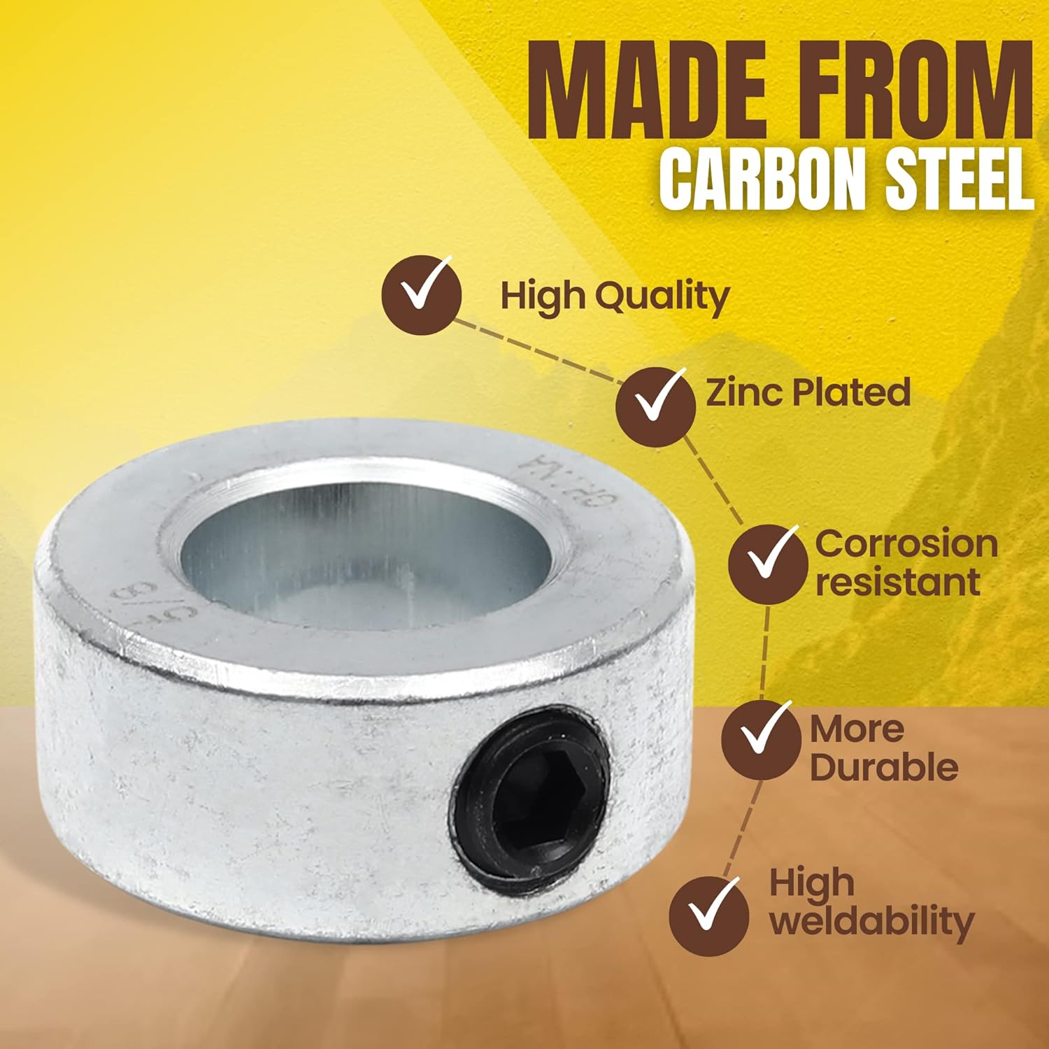 4-Pack 5/8” Bore Solid Steel Shaft Collars with Zinc Plated Coating - Durable Shaft Collars Suitable for Machinery and Industrial Use