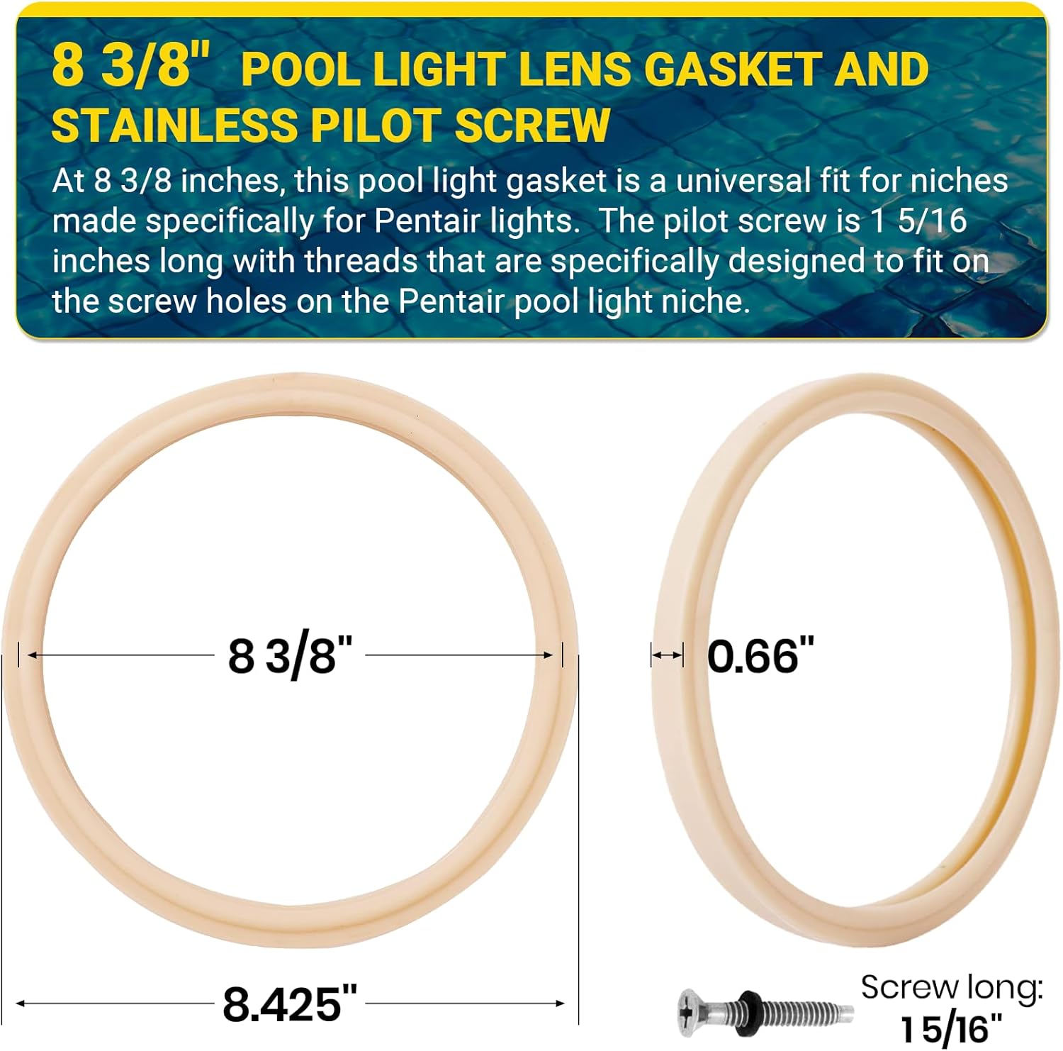 1 Set 8 3/8" Pool Light Lens Gasket and Stainless Pilot Screw - Exact Replacements for Pentair 79101600Z and 79104800 - Compatible with Pentair IntelliBrite, AmerLite, and SAM Amerlite Lights