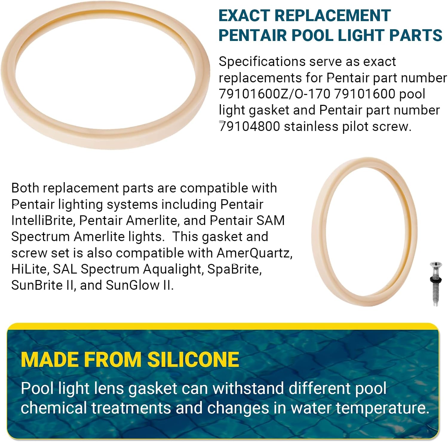 1 Set 8 3/8" Pool Light Lens Gasket and Stainless Pilot Screw - Exact Replacements for Pentair 79101600Z and 79104800 - Compatible with Pentair IntelliBrite, AmerLite, and SAM Amerlite Lights