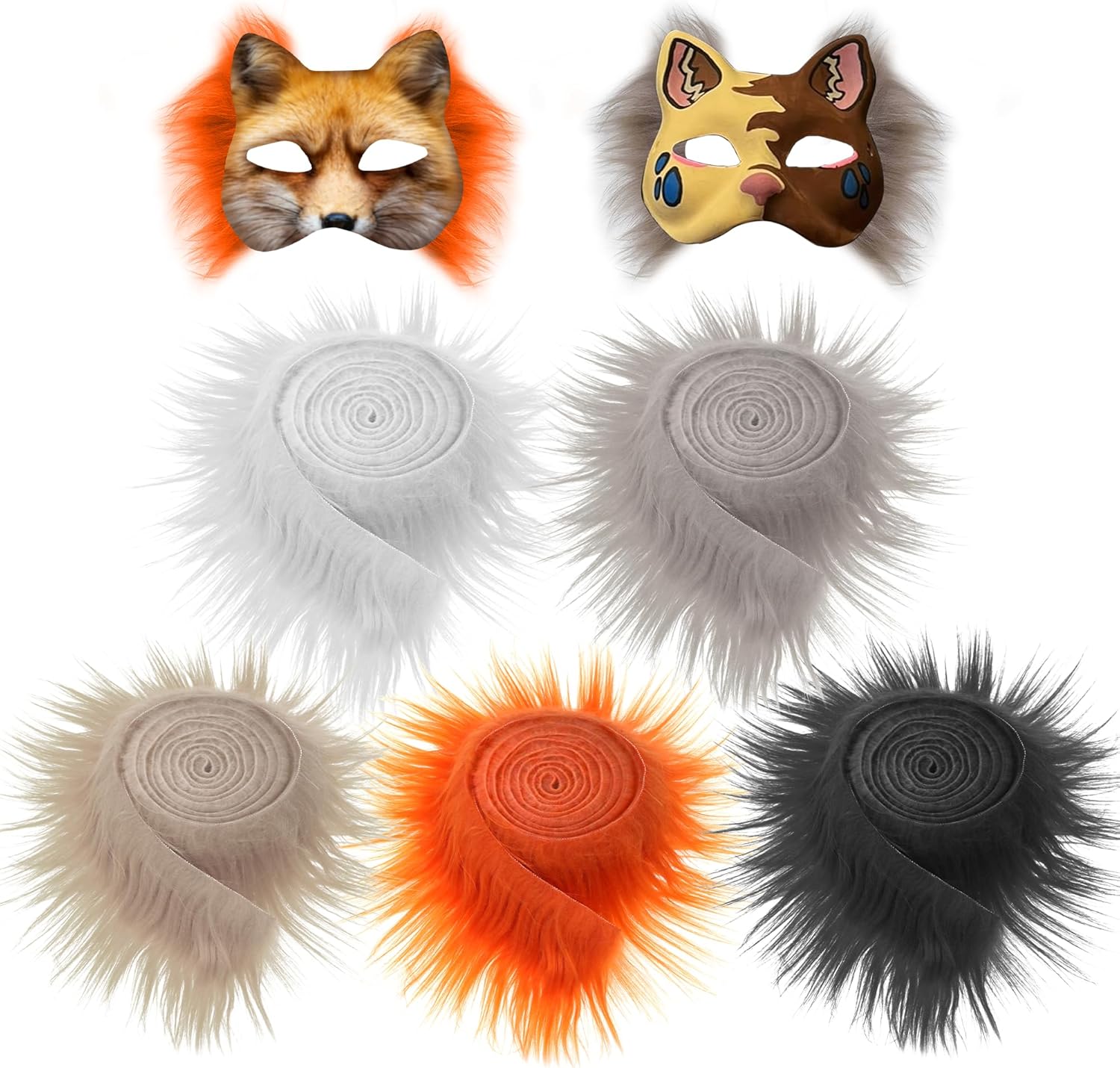 5-Pack Faux Fur Strips for Therian & Furry Mask Making – 2" x 60" Colored Dense Fur Fabric Rolls for Cosplay, Halloween Decorations, Craft DIY Projects White, Black, Gray, Khaki, Orange
