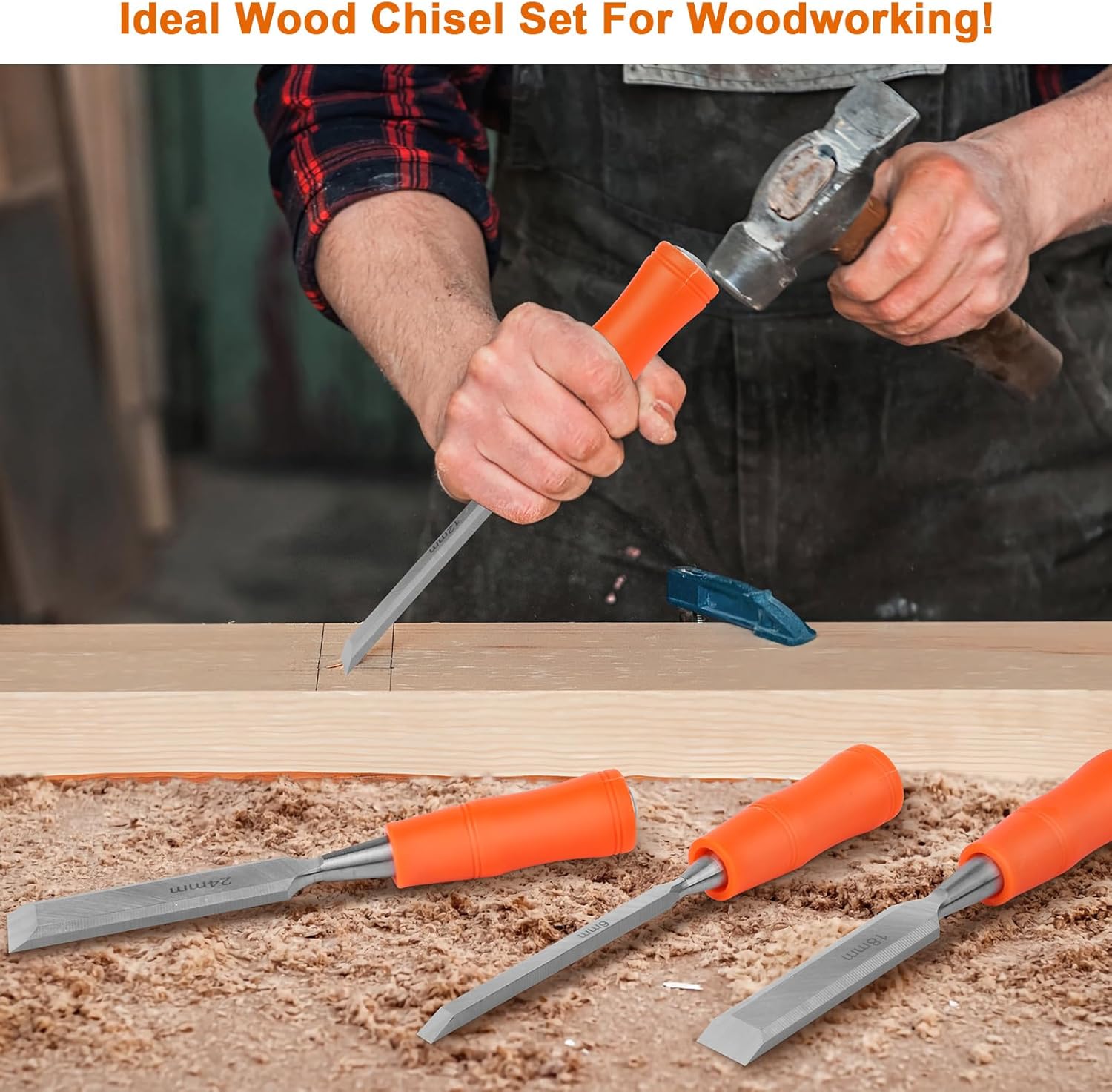4 Piece Wood Chisel Sets Woodworking Tools Set, Wood Chisels for Woodworking with Steel Hammer End, Wood Tools Chisel Set Woodworking with Ergonomic Plastic Handle, 6mm, 12mm, 18mm, 24mm