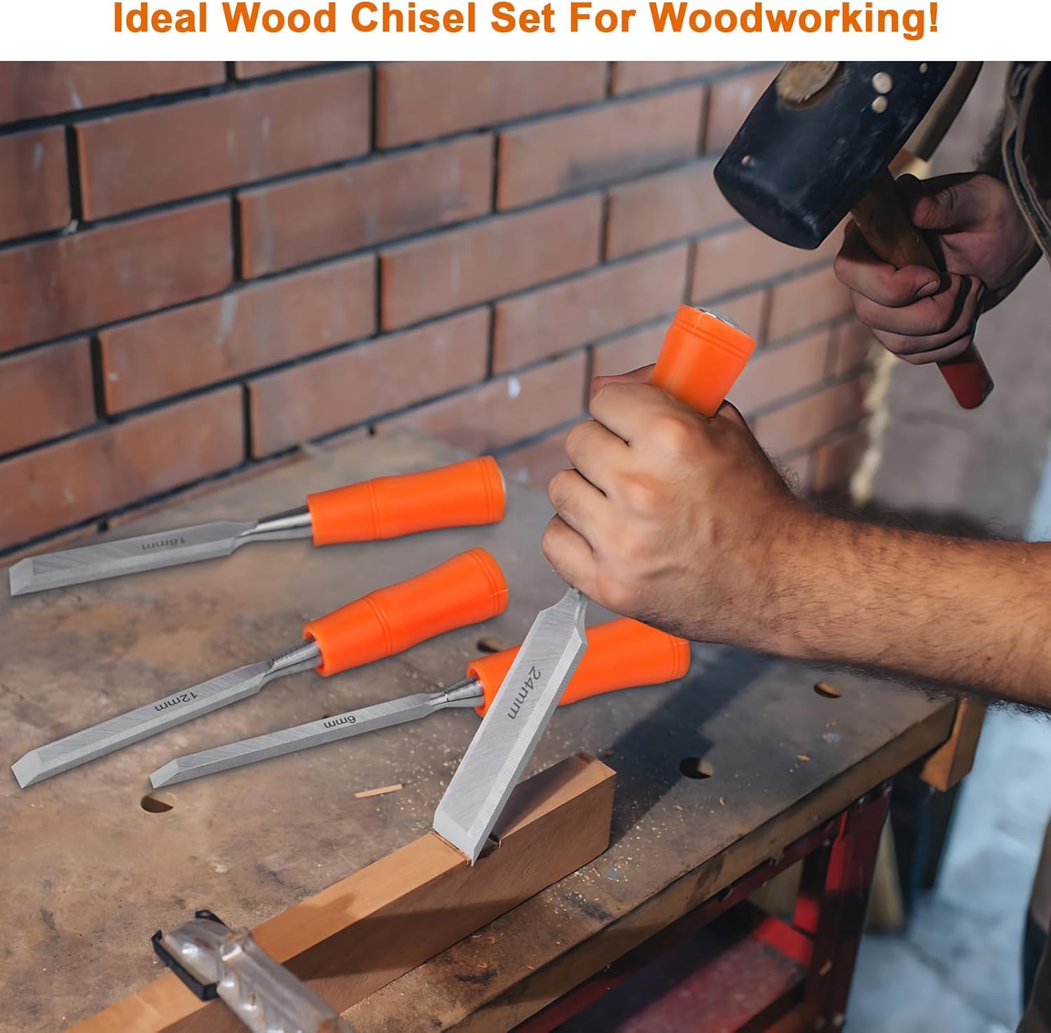 4 Piece Wood Chisel Sets Woodworking Tools Set, Wood Chisels for Woodworking with Steel Hammer End, Wood Tools Chisel Set Woodworking with Ergonomic Plastic Handle, 6mm, 12mm, 18mm, 24mm