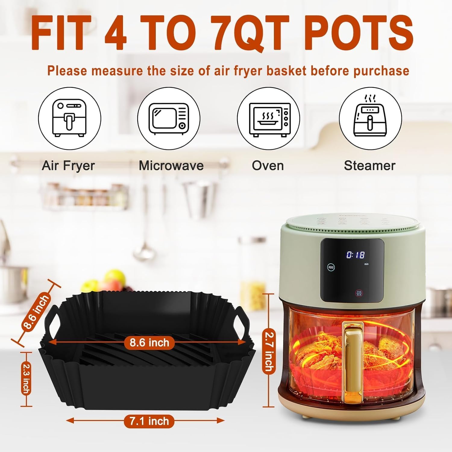 Silicone Air Fryer Liners Reusable, 7.1 Inch Airfryer Liners 4-7 QT Square Air Fryer Basket Mat Silicone Bowl Air Fryer Accessories, Black, 2 Pack