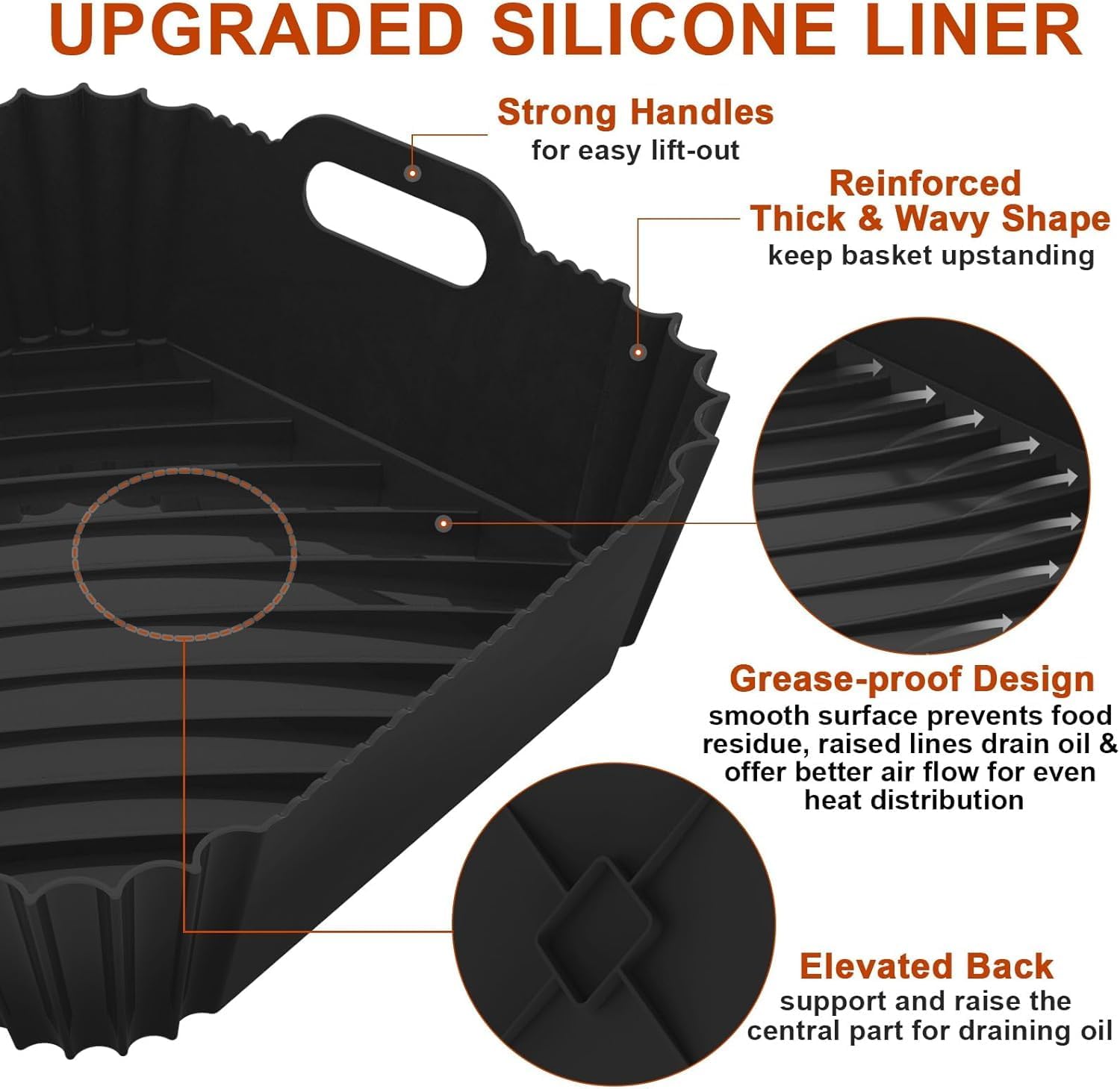 Silicone Air Fryer Liners Reusable, 7.1 Inch Airfryer Liners 4-7 QT Square Air Fryer Basket Mat Silicone Bowl Air Fryer Accessories, Black, 2 Pack