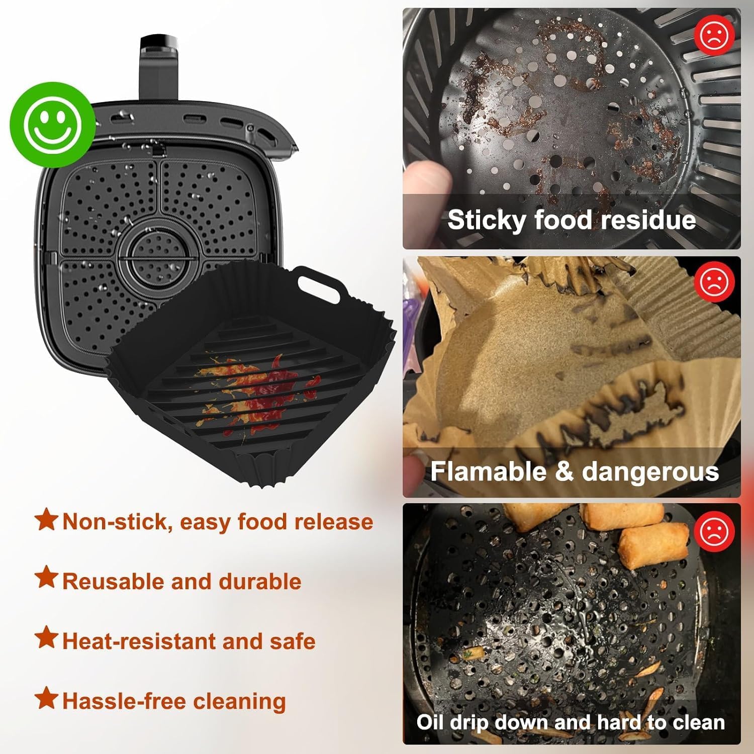 Silicone Air Fryer Liners Reusable, 7.1 Inch Airfryer Liners 4-7 QT Square Air Fryer Basket Mat Silicone Bowl Air Fryer Accessories, Black, 2 Pack