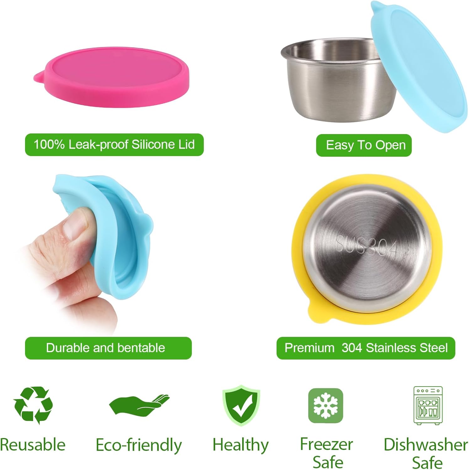 Salad Containers For Lunch To Go, 6x1.6 Oz Stainless Steel Condiment Containers With Lids, Leakproof Sauce Cups for Dipping, Salad Dressing, Meal Prep