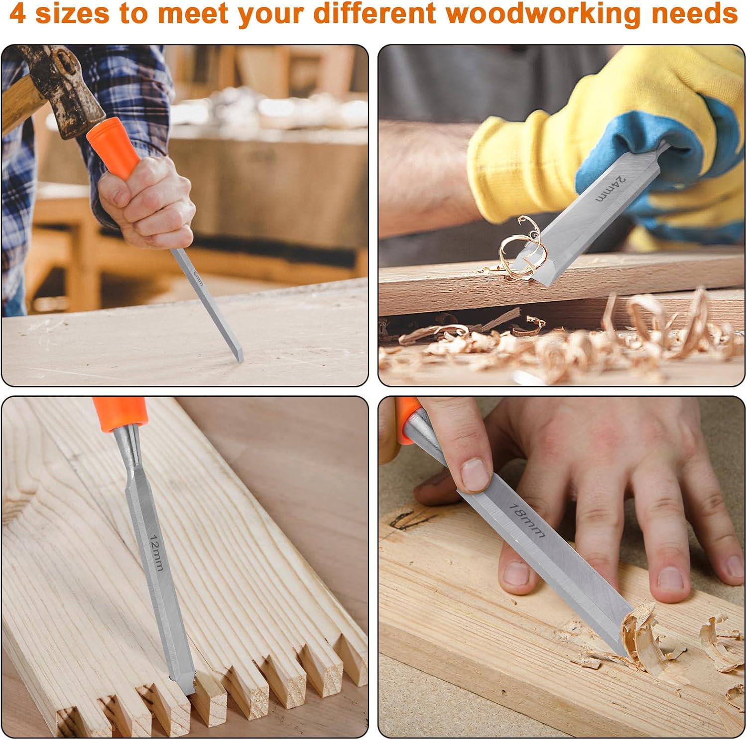 4 Piece Wood Chisel Sets Woodworking Tools Set, Wood Chisels for Woodworking with Steel Hammer End+ 4 Pack Magnetic Staple Remover Tools