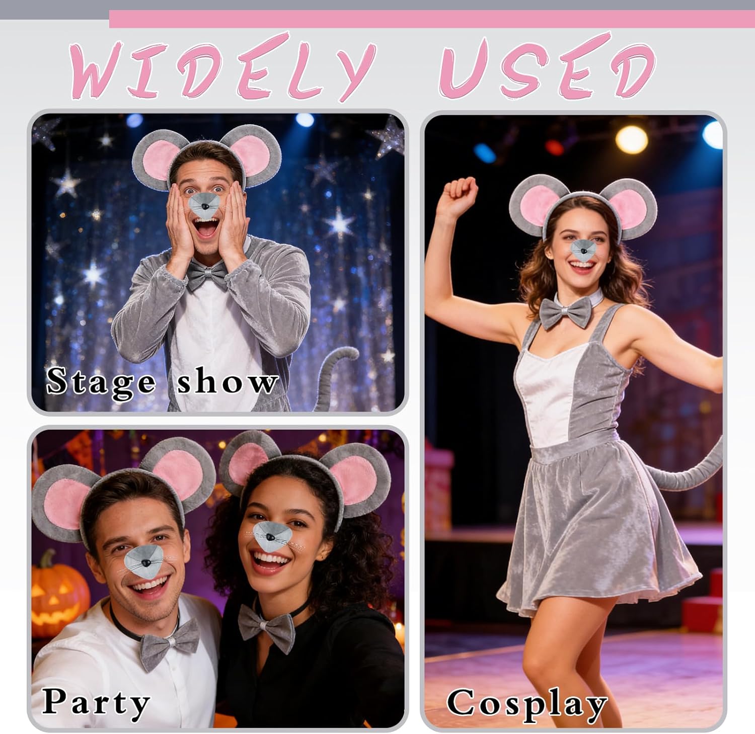 Mouse Costume Accessory Set,Rat Costume Set,Mouse Costume Set Includes Ear Headband,Tail,Nose,Bow Tie for Halloween