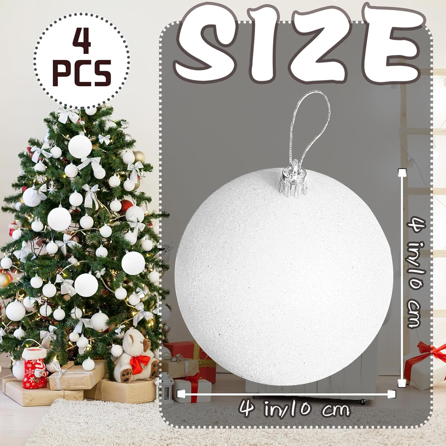 Large 4 in White Glitter Christmas Ornament Balls 4 Pcs ,Xmas Sequin Christmas Ball,White Sparkly Hanging Ball Ornament for Tree Home Wedding Party Decor,Winter Theme Tree Decoration