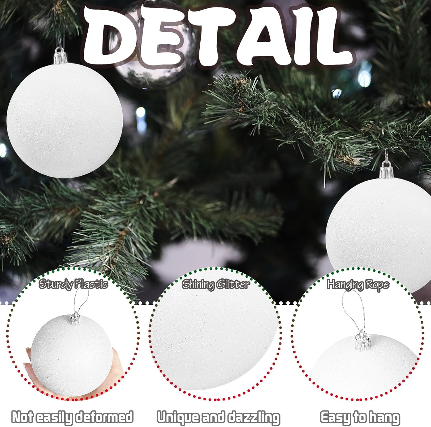Large 4 in White Glitter Christmas Ornament Balls 4 Pcs ,Xmas Sequin Christmas Ball,White Sparkly Hanging Ball Ornament for Tree Home Wedding Party Decor,Winter Theme Tree Decoration