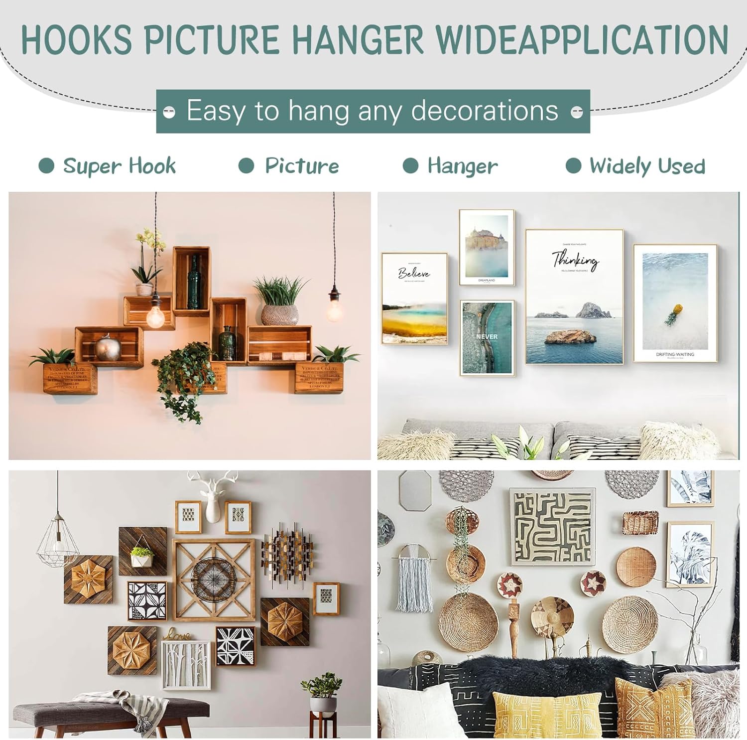 30Pcs Picture Hanger Hooks Super Hooks for Hanging Drywall Picture Hanging Hooks Heavy Duty Wall Hooks for Hanging Pictures, Photos, Frames, Planters, Art, Clock